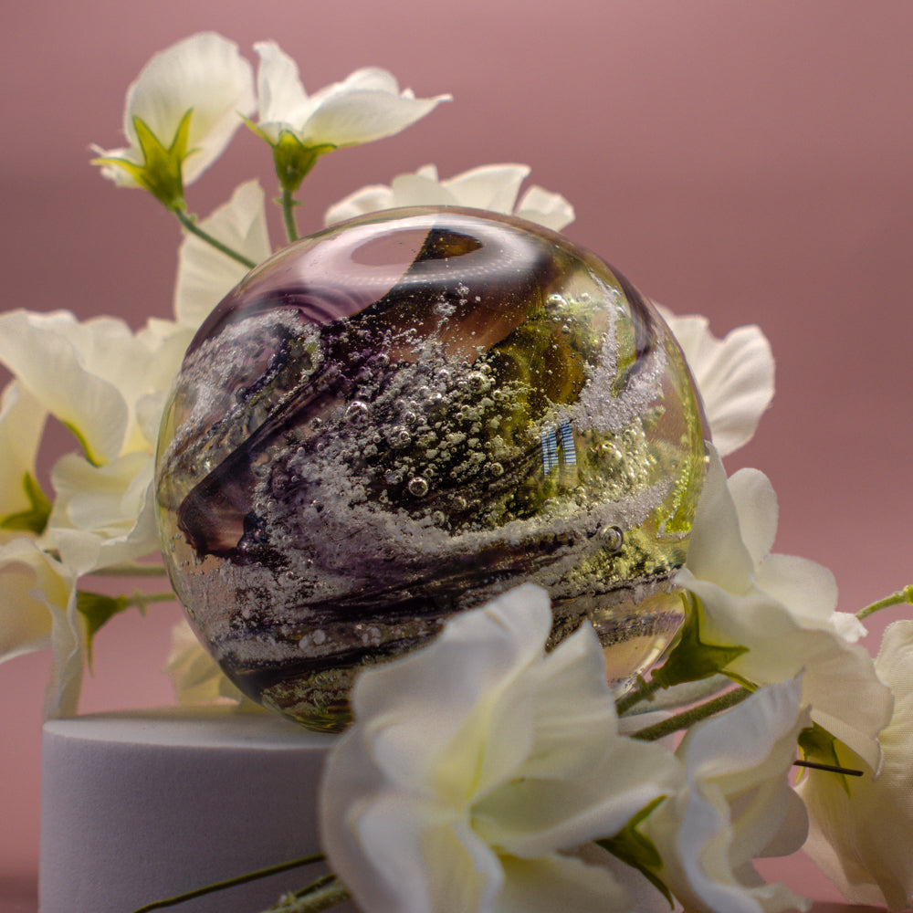 Ashes to Glass Round Paperweight - Purple & Lime Green