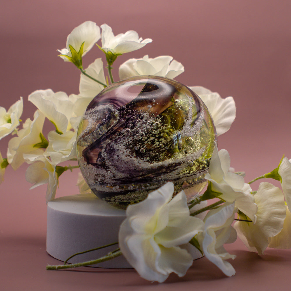 Ashes to Glass Round Paperweight - Purple & Lime Green