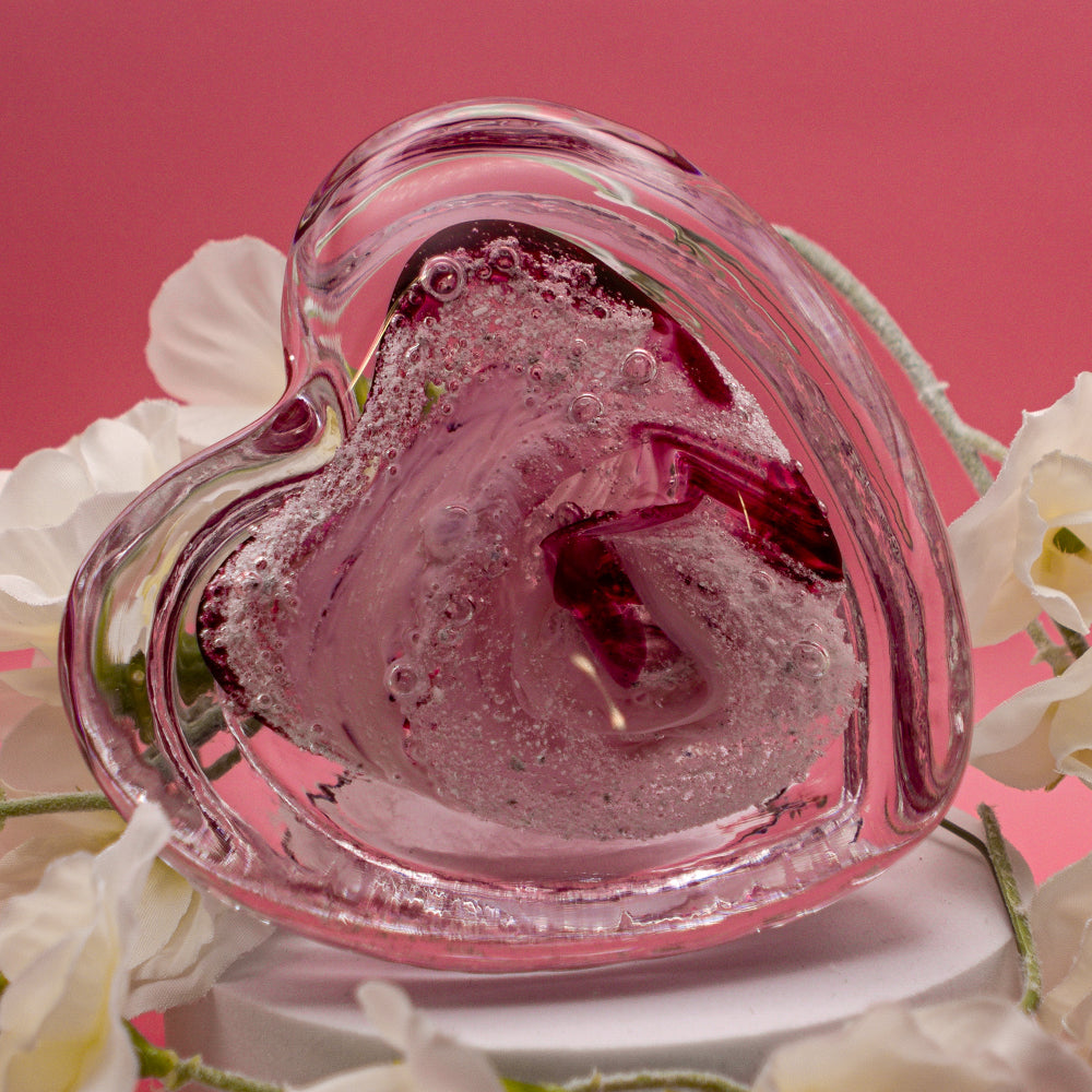 Ashes to Glass Step Heart Paperweight - Ruby & Baby Pink