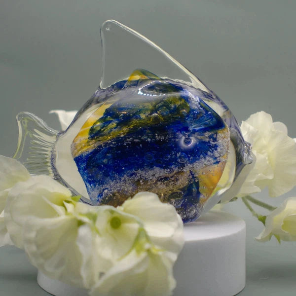 Ashes to Glass Fish-Cremation Ashes Glass-Stuart Wiltshire Glass Outlet-Royal Blue & Gold with Ashes-Stuart Wiltshire Glass Ltd